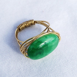 Cocktail ring with green stone, wire-wrapped statement ring, oval stone, size 7.