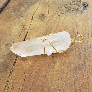 Gold wrapped Quartz pendant, natural Quartz pendant, raw stone wire wrapped pendant